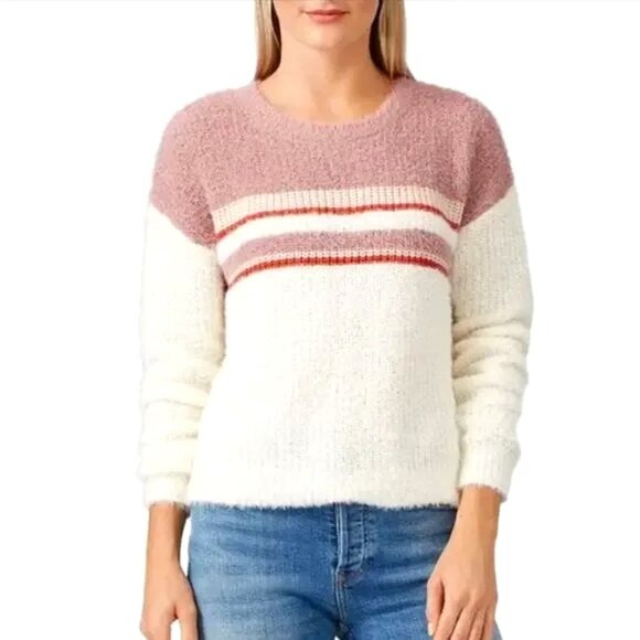 Louna Women’s Pullover Fuzzy Crewneck Sweater Colorblock Striped Valentines - Picture 1 of 9